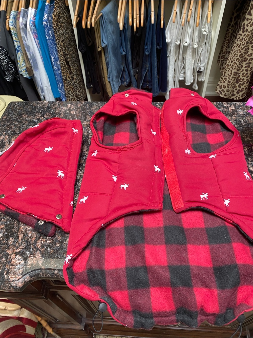 DOGGIE COAT - Red Plaid Dog Coat with Moose Print.  EUC. S/M.